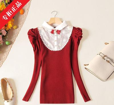 2014秋韓版娃娃翻領刺繡拼接針織衫 時尚與舒適的完美融合