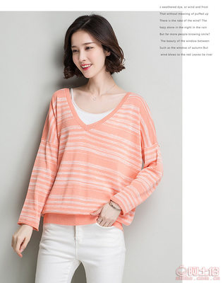 2017春裝新款 韓版條紋V領寬松針織衫，時尚百搭之選